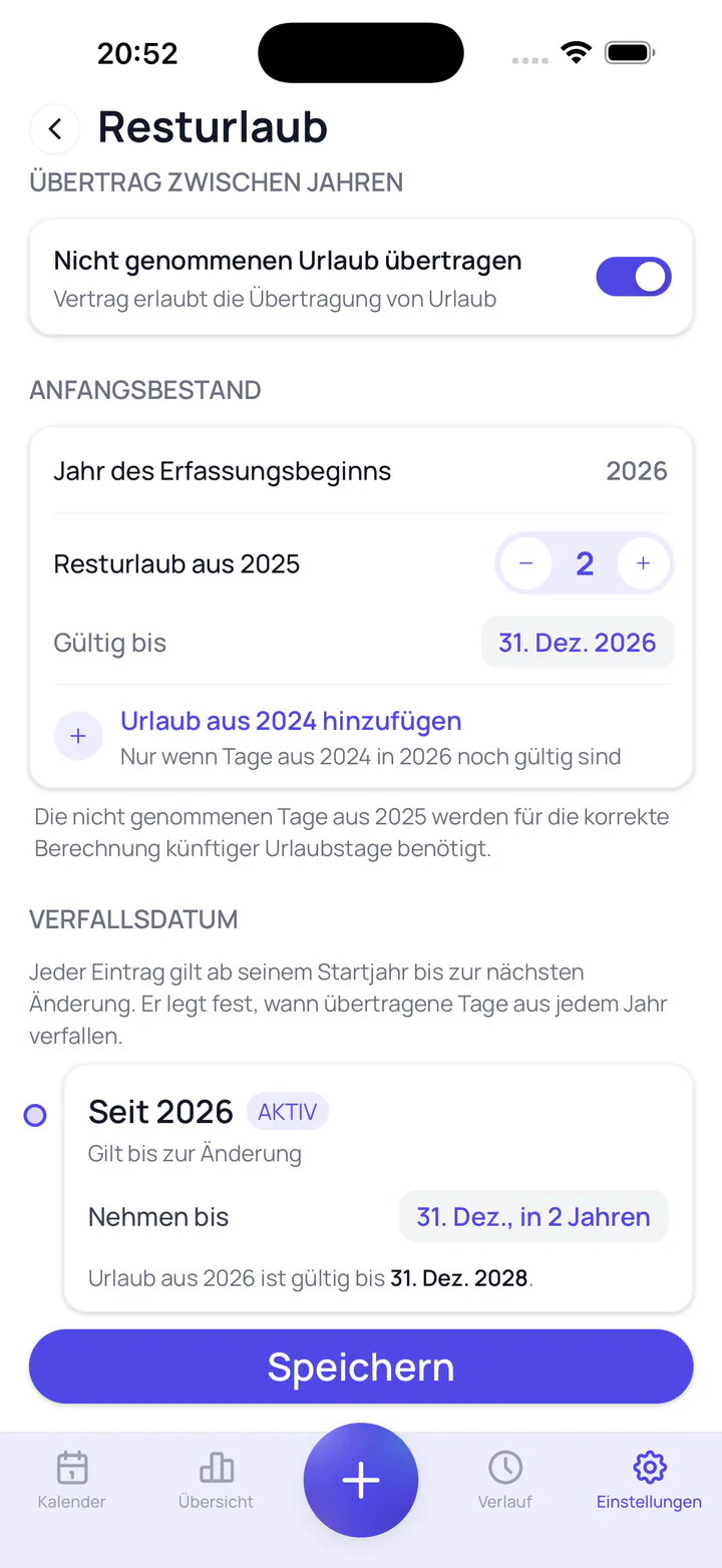Screenshot von Leave Tracker: Übertragsregeln