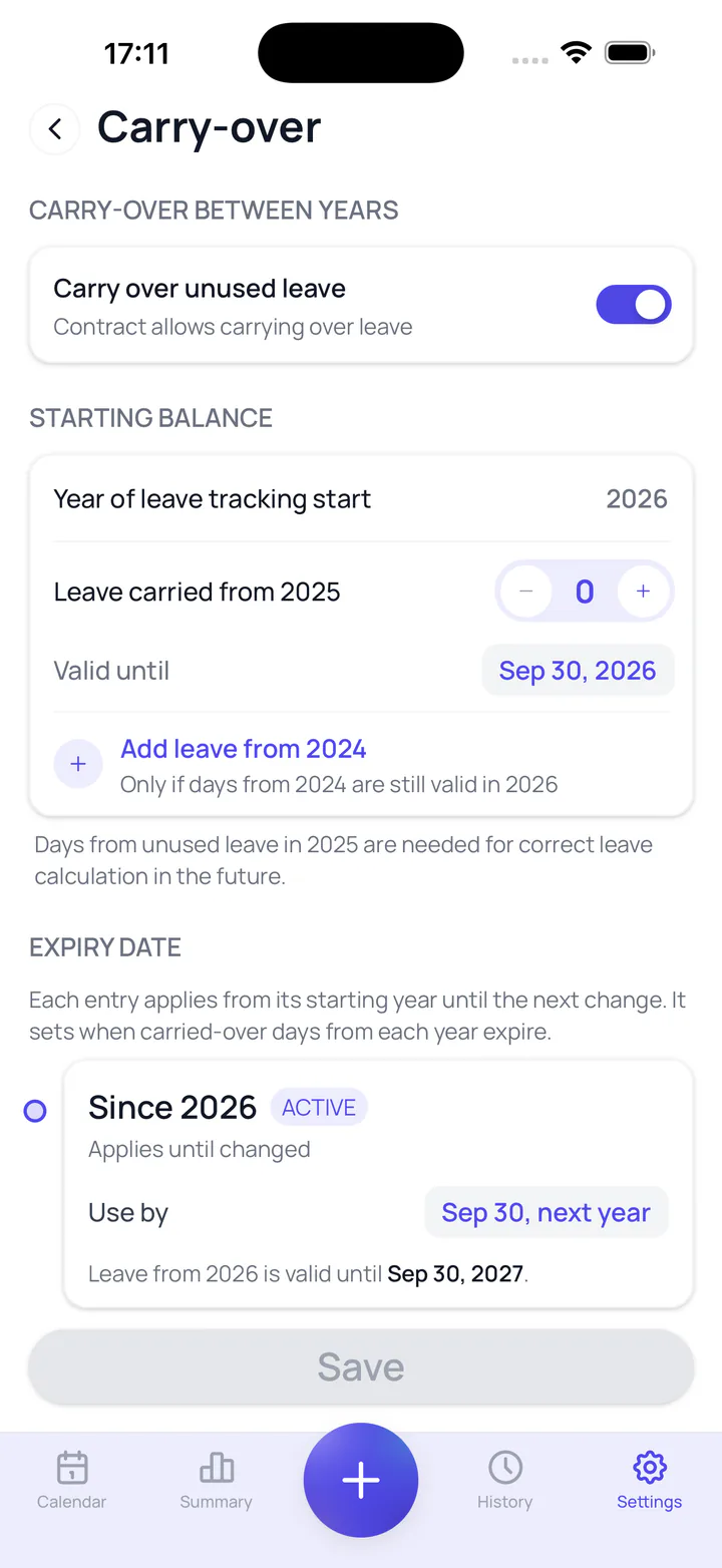 Leave Tracker screenshot: Carry-over rules