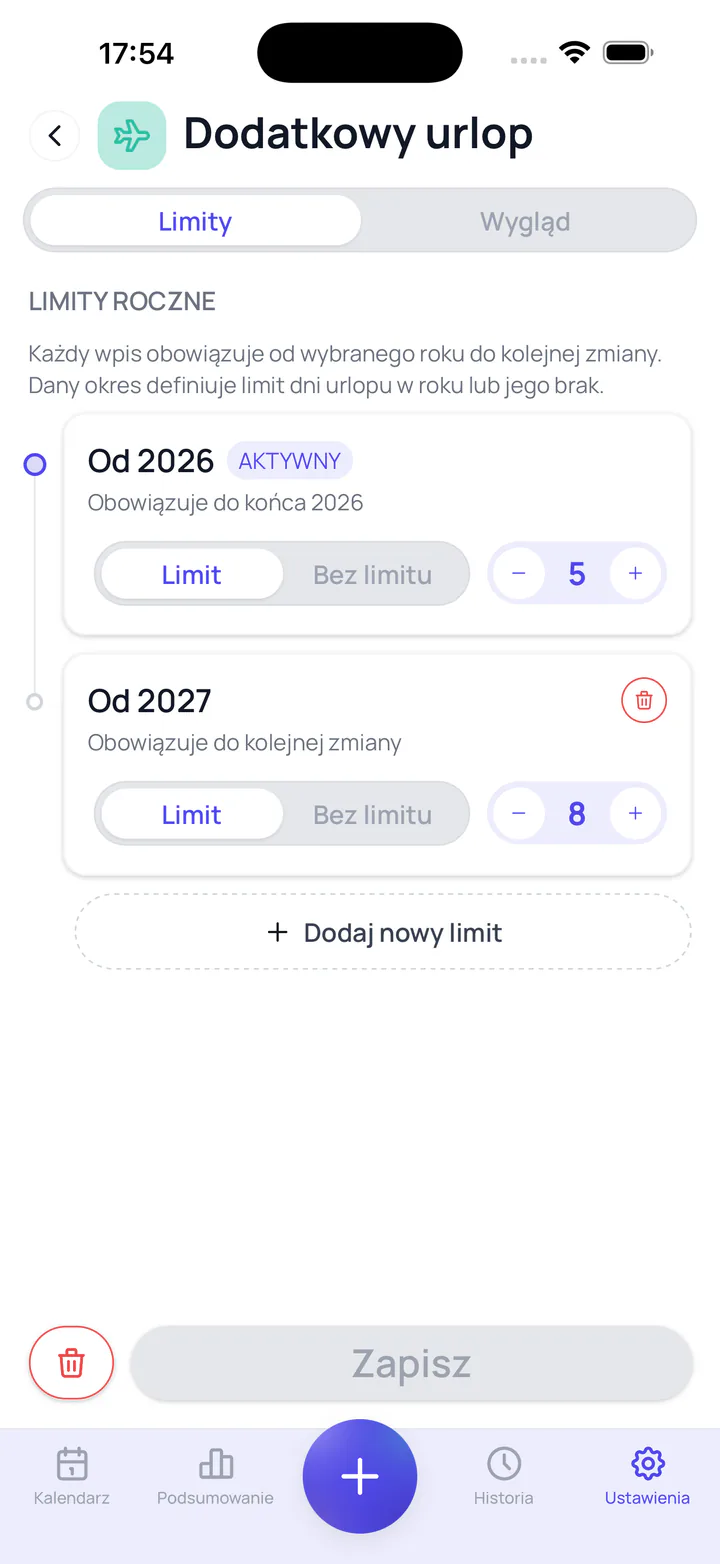 Zrzut ekranu aplikacji Leave Tracker: Elastyczna konfiguracja