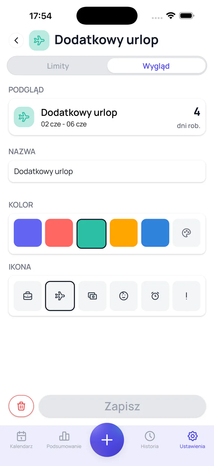 Zrzut ekranu aplikacji Leave Tracker: Własne typy nieobecności